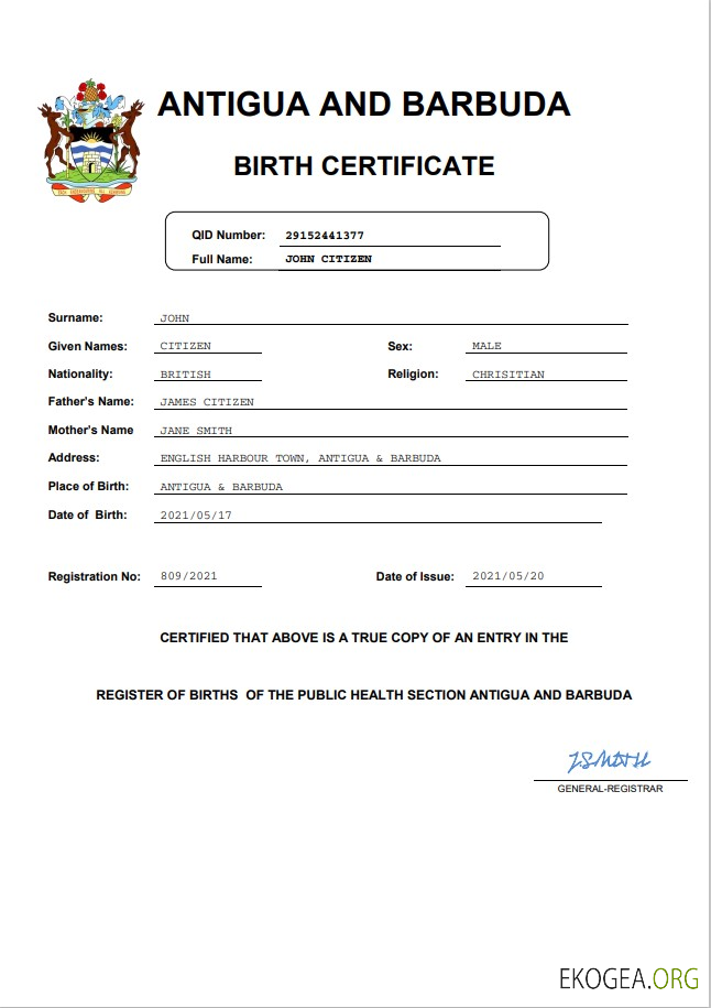 Modèle Word et PDF d'acte de naissance d'Antigua et Barbuda